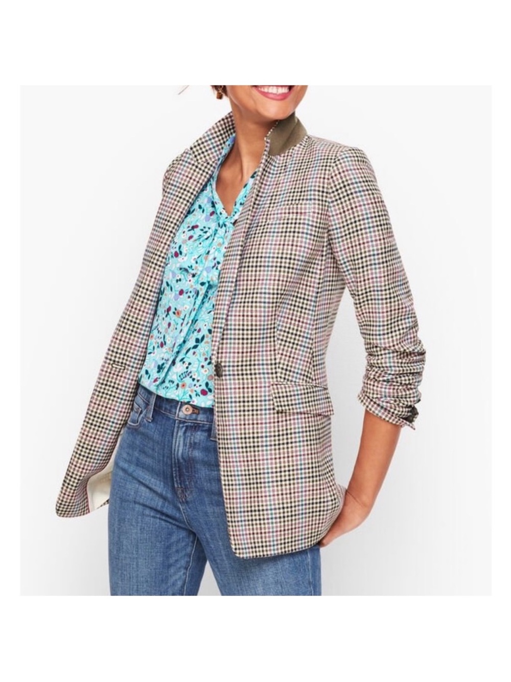 Talbots Blazer Jacket Cotton Wool Houndstooth Plaid Preppy Single Button Winter